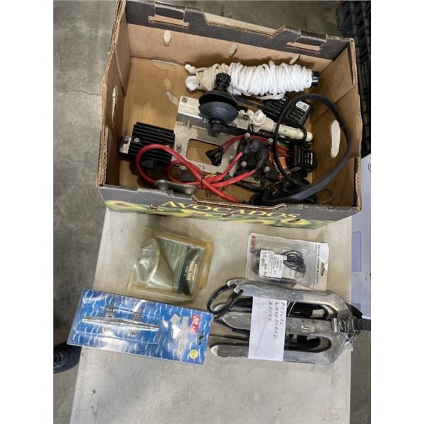 TRAY OF BATTERY SWITCHES, ELECTRICAL GEAR, TRIM TAB, TOW ROPE  ETC