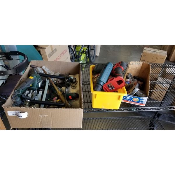 LARGE TRAY AND BIN OF ASSORTED TOOLS, HARDWARE, GRINDER DISC, ETC