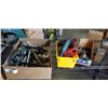 Image 1 : LARGE TRAY AND BIN OF ASSORTED TOOLS, HARDWARE, GRINDER DISC, ETC