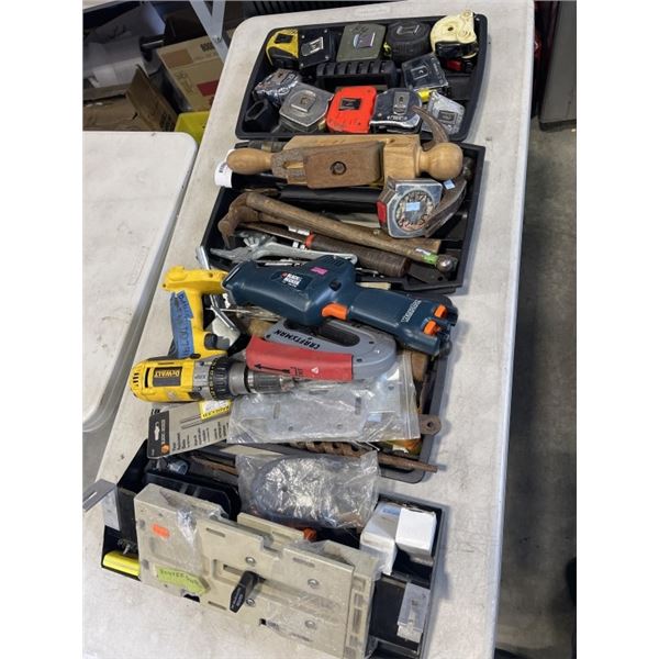 4 TRAYS OF MISC TOOLS - HAND TOOLS, POWER TOOLS, TAPE MEAURES, HARDWARE, ETC