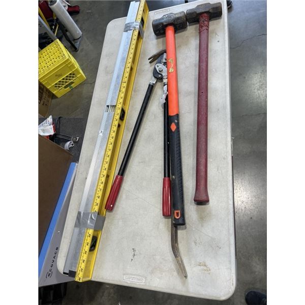 2 SLEDGE HAMMERS, LEVELS, CROW BAR, AND LARGE SHEARS
