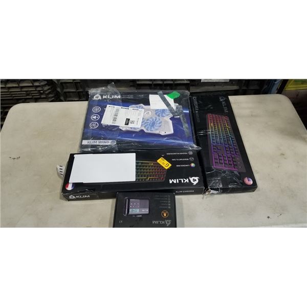 LOT OF ASSORTED KILM ACCESSORIES FOR COMPUTERS INCLUDING LAPTOP COOLING MAT AND KEYBOARD