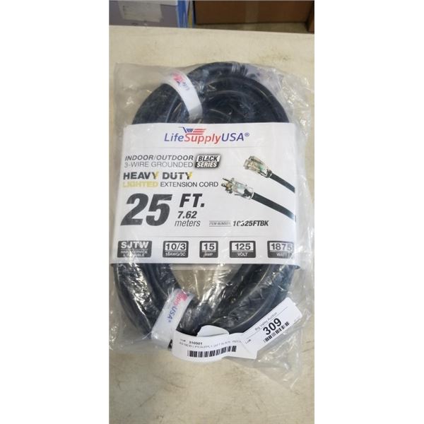 AS NEW LIFESUPPLY 25FT BLACK  INDOOR OUTDOOR 3 WIRE GROUNDED AND LIGHTED EXTENSION CORD, 10AWG