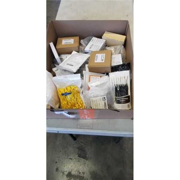 TRAY OF HARDWARE AND TOOLS INCLUDING DETAIL PAINT BRUSHES, RIOCAN CABLE CONNECTORS, BAND CLAMP FLANG
