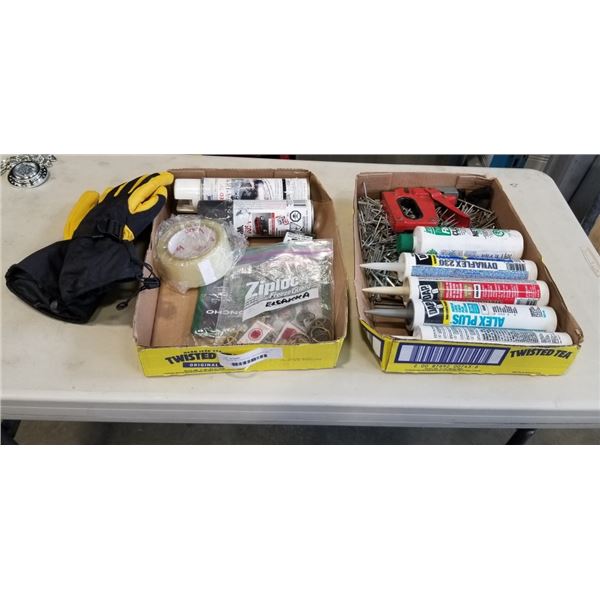 2 TRAYS OF CAULKING, HARDWARE AND WIND RIVER GLOVES