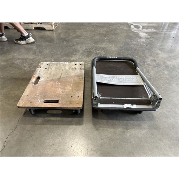 2 FOUR WHEEL DOLLIES. 1 WOODEN, 1 METAL