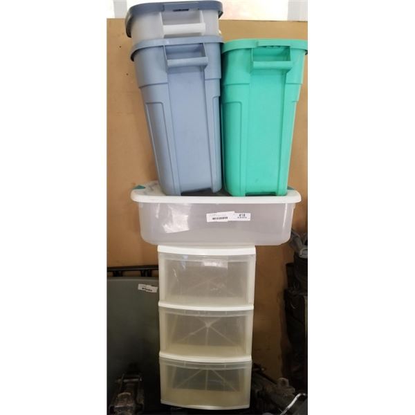 LOT OF TALL STORAGE TOTES AND PLASTIC ORGANIZER