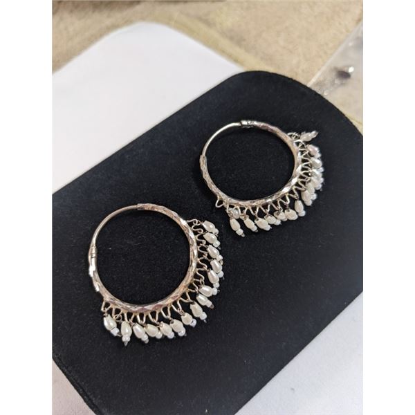 PAIR OF STERLING SILVER HOOP EARRINGS W/ PEARL TASSELS