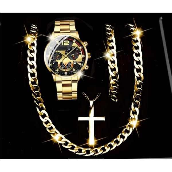 NEW 4PC MEN'S STYLISH SPORTS STEEL BAND WATCH, NECKLACE, AND BRACELET