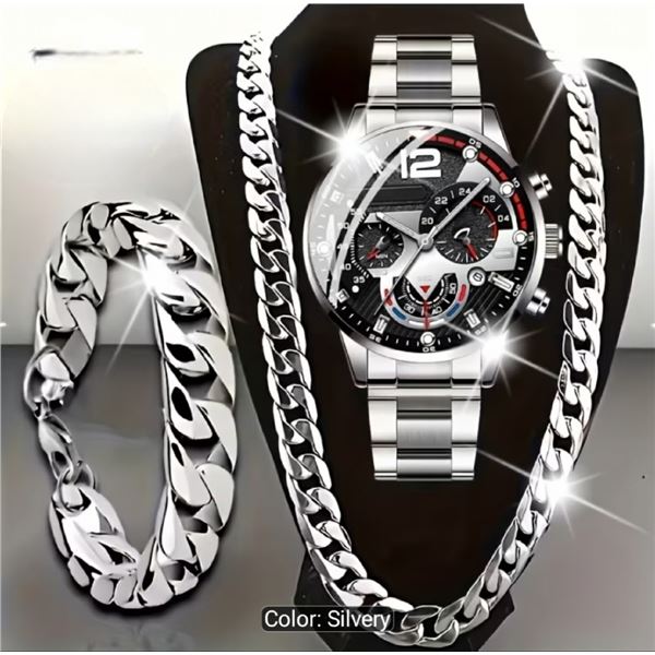 NEW 3PC MEN'S ELEGANT SPORTS STEEL STRAP WATCH, NECKLACE, AND BRACELET SET