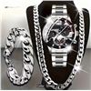 Image 1 : NEW 3PC MEN'S ELEGANT SPORTS STEEL STRAP WATCH, NECKLACE, AND BRACELET SET