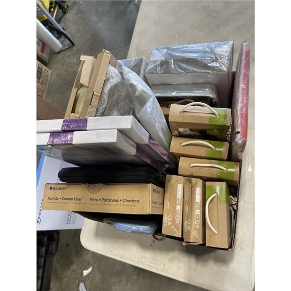TRAY OF NEW AMAZON OVERSTOCK HOME GOODS AND LOTS OF SOPHIE THE GIRAFFE TOYS