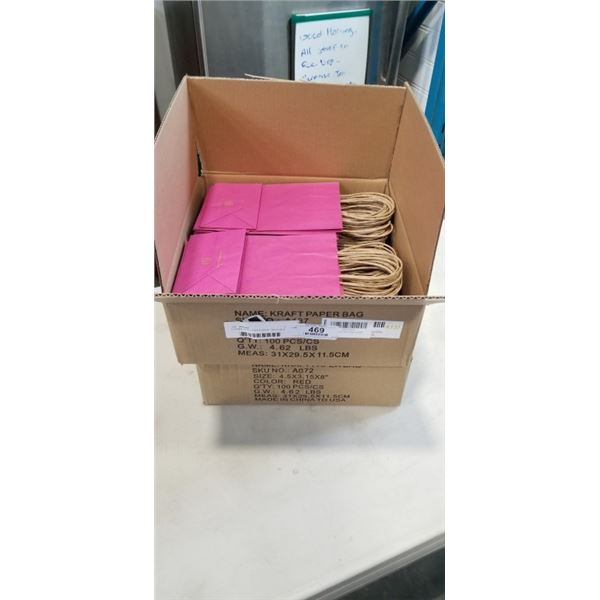 2 CASES KRAFT PAPER BAGS. 100 PCS/CS. 1 CASE IS PINK, 1 CASE IS RED