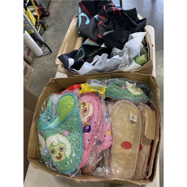 ASSORTED NEW SLIPPERS AND BOX OF ADVERTISING FLAGS