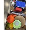 Image 1 : 2 TRAYS OF KITCHEN ITEMS - VINTAGE TUPPERWARE, WINE GLASSES, ETC