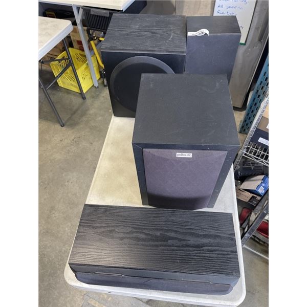 2 POLK AUDIO SUB WOOFERS, DELTA SPEAKER, AND QUEST SPEAKER