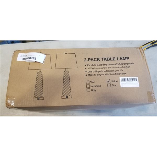 PAIR OF TABLE LAMPS WITH TOUCH CONTROLS & USB PORTS. YELLOW COLOR