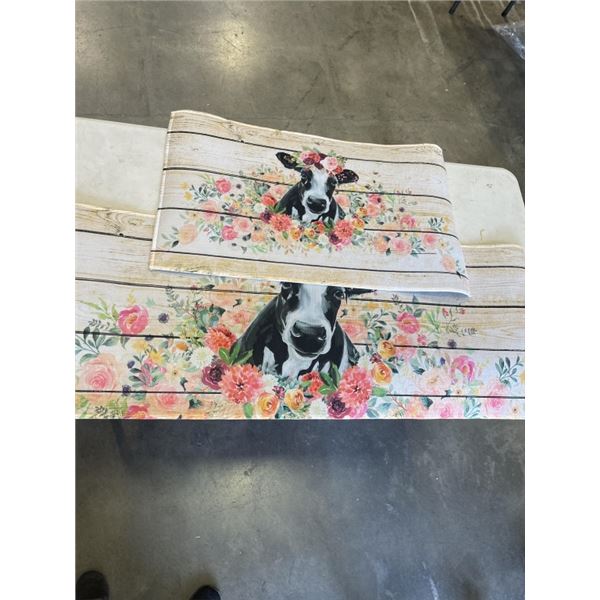 4 NEW  2 PIECE LINEN GEOMETRIC PRINT RUGS FOR KITCHEN FLOOR. 17 X 30" + 17 X 47"