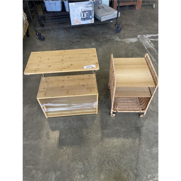 WOOD AND WICKER ROLLING SIDE TABLE AND GLASS DOOR SIDE TABLE