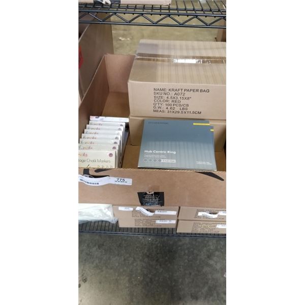 LOT OF AMAZON OVERSTOCK INCLUDING 2 BOXES KRAFT PAPER BAGS, 10 BOXES STANCEMAGIC HUB CENTRIC RINGS, 
