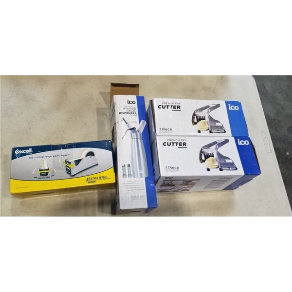 2 ICO FRENCH FRY CUTTERS, WHIPPED CREAM DISPENSER AND TAPE DISPENSER