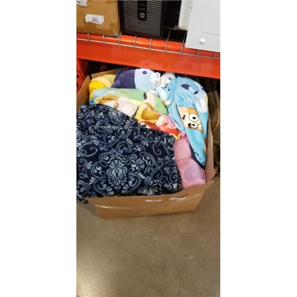 BOX OF FLEECE BLANKETS, BLUEY BLANKET AND MORE