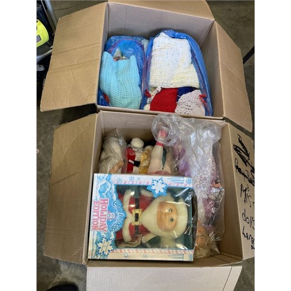 2 BOXES OF VINTAGE DOLLS AND HAND KNIT DOLL ACCESSORIES