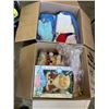 Image 1 : 2 BOXES OF VINTAGE DOLLS AND HAND KNIT DOLL ACCESSORIES