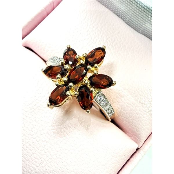 GOLD PLATED STERLING SILVER NATURAL GARNET AND CZ RING, SIZE 6.5, W/A $500.00. GARNET IS THE BIRTHST