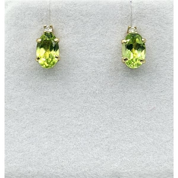 10KT YELLOW GOLD NATURAL PERIDOT WITH DIAMOND EARRINGS, W/A $550.00. PERIDOT IS THE BIRTHSTONE FOR A