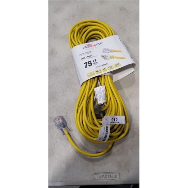 AS NEW LIFESUPPLY 75FT YELLOW  INDOOR OUTDOOR 3 WIRE GROUNDED AND LIGHTED EXTENSION CORD, 16AWG