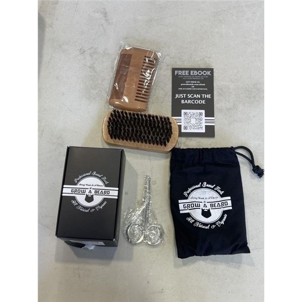 12 NEW GROW A BEARD KITS, EACH KIT INCLUDES WOODEN BRUSH,  COMB, SCISSORS, GUIDE AND BAG
