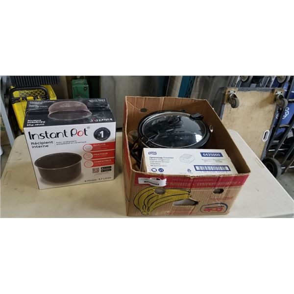 BOX OF KITCHEN ITEMS INCLUDING INSTANT POT INNER POT AND TORK NAPKIN DISPENSER