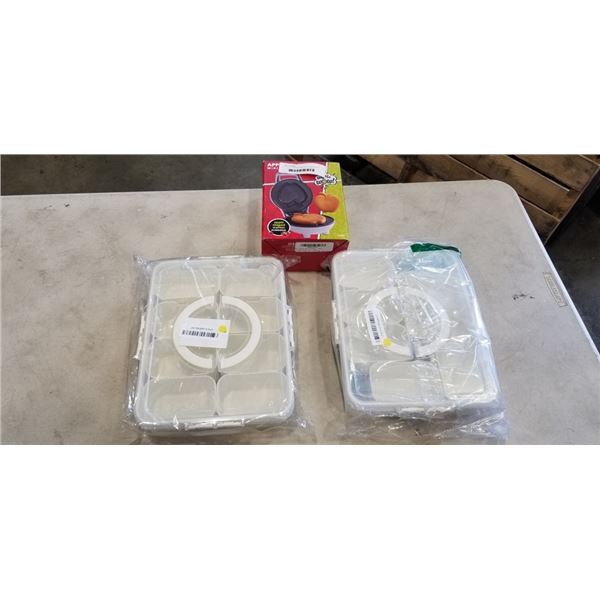 2 FOOD STORAGE BINS AND APPLE A DAY WAFFLE MAKER