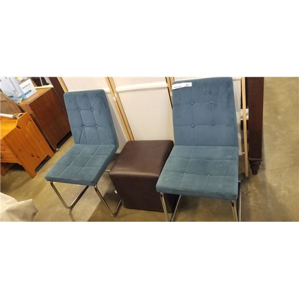 PAIR OF BLUE MICROFIBRE CHAIRS, AND LEATHER OTTOMAN