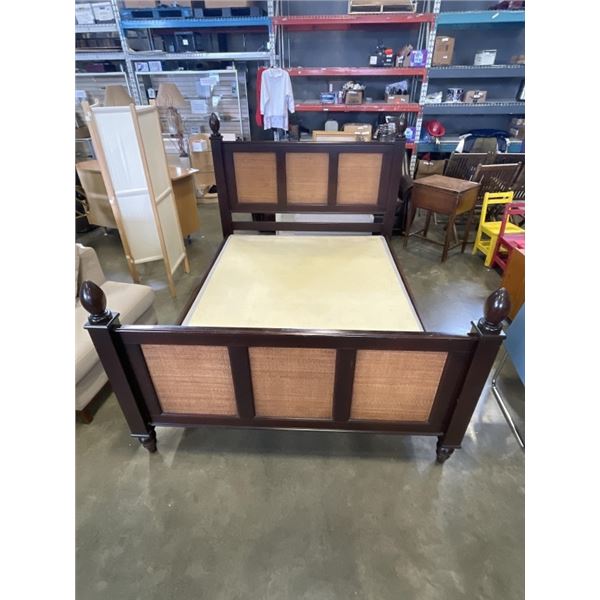DARK FINISH QUEENSIZE BEDFRAME WITH RATTAN INSERT AND BOXSPRING