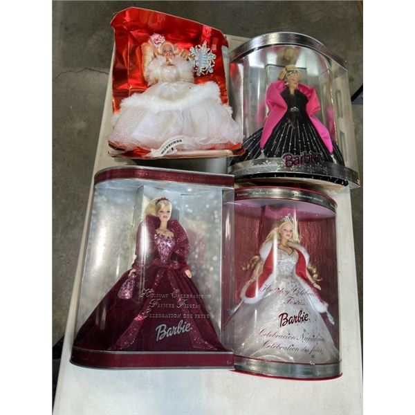 4 VINTAGE BARBIES IN ORIGNAL PACKAGE, ONE OUT OF BOX - HOLIDAY COLLECTIONS 1998, 2001, 2002,