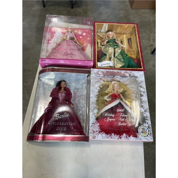 4 VINTAGE BARBIES IN ORIGNAL PACKAGE - HOLIDAY COLLECTIONS 2002, 2007, 2009, 2011