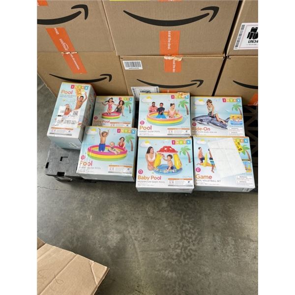 7 ASSORTED INTEX INFLATABLE AND HARD POOLS AND POOL TOYS