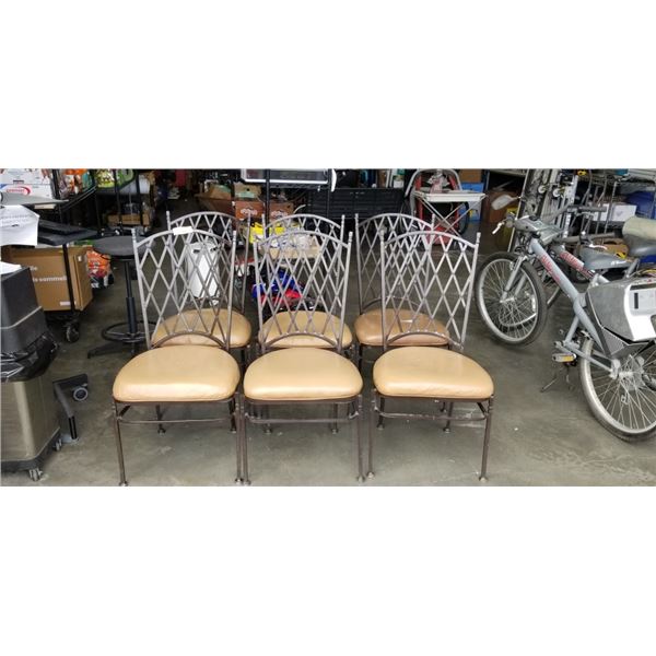 SET OF 6 WROUGHT IRON AND LEATHER DINING CHAIRS