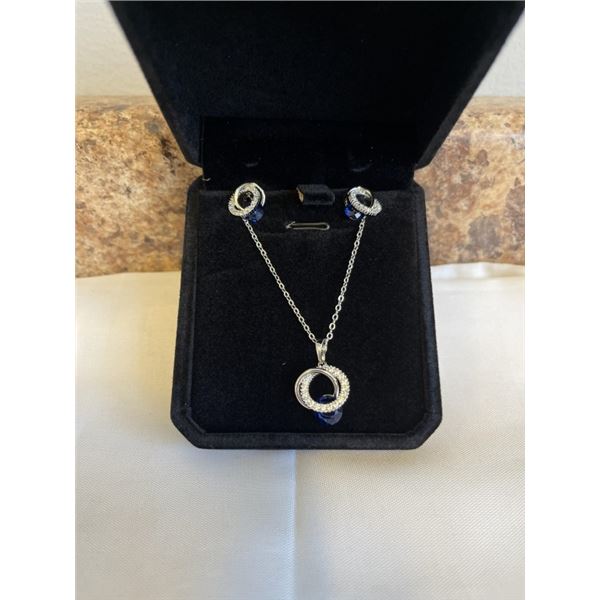 NEW PLATINUM PLATED SAPPHIRE BLUE SIMULATED DIAMOND (CZ) CIRCLE 2 PIECE SET, CHAIN 16-18" LONG