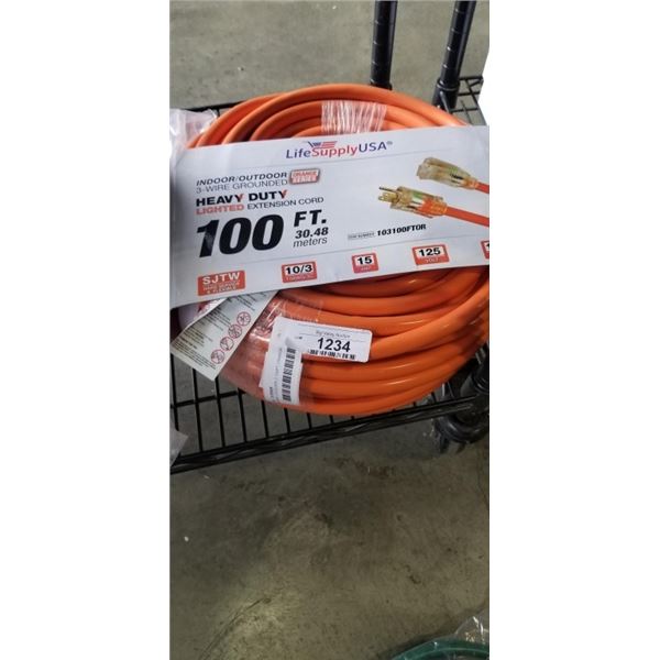 AS NEW LIFESUPPLY 100FT ORANGE  INDOOR OUTDOOR 3 WIRE GROUNDED AND LIGHTED EXTENSION CORD, 10AWG