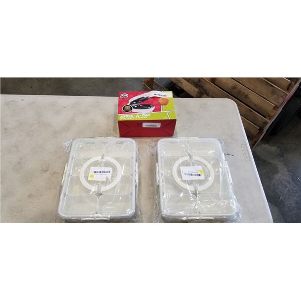 2 FOOD STORAGE BINS AND APPLE A DAY WAFFLE MAKER