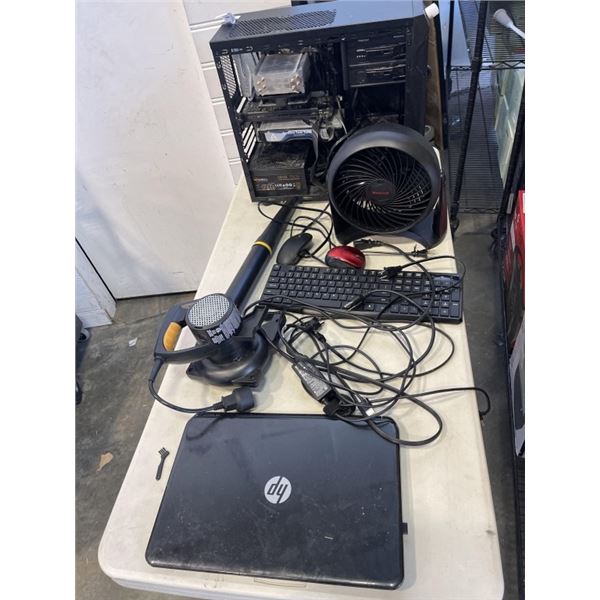 LOT OF ELECTONICS INCLUDING PC, HP LAPTOP, KEYBOARD, HONEYWELL FAN, BONAIRE LEAF BLOWER