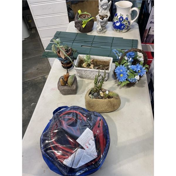 LOT OF CACTUSES, ARTIFICIAL FLOWER IN WOODEN BASKET, ANGEL STATUE, JUMPER CABLES