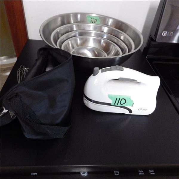 stainless steel mixing bowls and Oster hand mixer