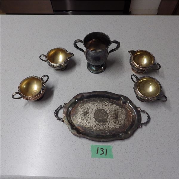 lot with electroplate cream and sugars and serving tray and cup