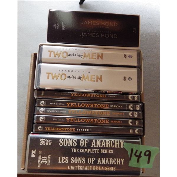 DVDs including Sons of Anarchy The Complete Series , Yellowstone, Two and a half Men, James Bond