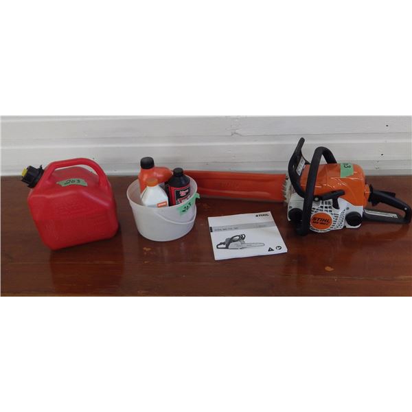 Stihl MS 180 C chain saw with oil and gas can with fuel