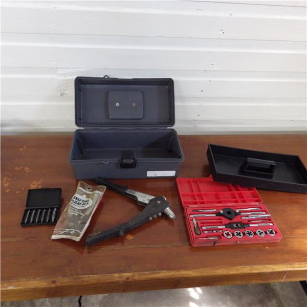 tool box with tap and die set , riveter snap ring pliers etc